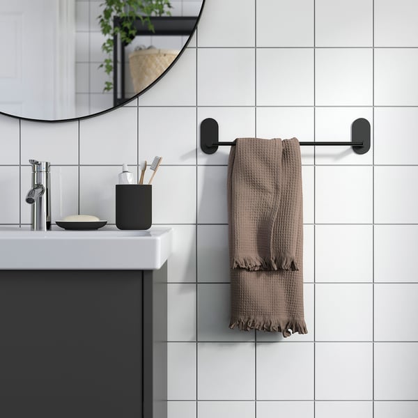 SKOGHALL towel rail, self-adhesive, black, 43x6 cm