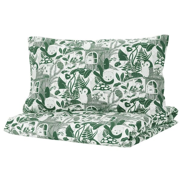SKOGSDUVA - Duvet cover and pillowcase, white green/forest pattern, 150x200/50x80 cm