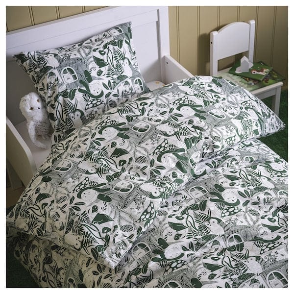 Ikea SKOGSDUVA - Duvet cover and pillowcase, white green/forest pattern, 150x200/50x80 cm