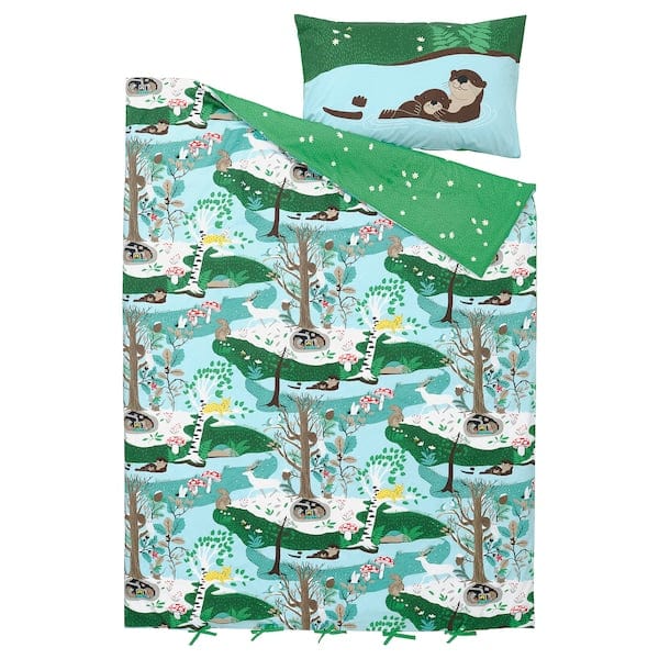 Ikea SKOGSDUVA - Duvet cover and pillowcase, blue green/forest pattern, 150x200/50x80 cm