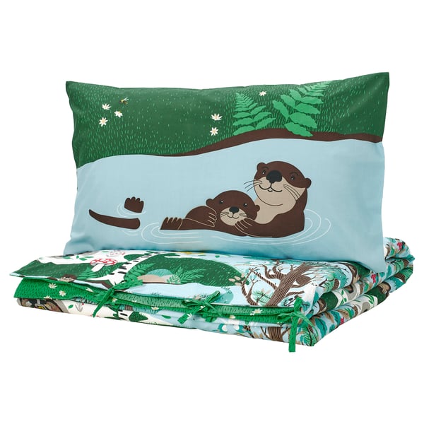 SKOGSDUVA duvet cover and pillowcase, blue green/forest pattern, 150x200/50x80 cm