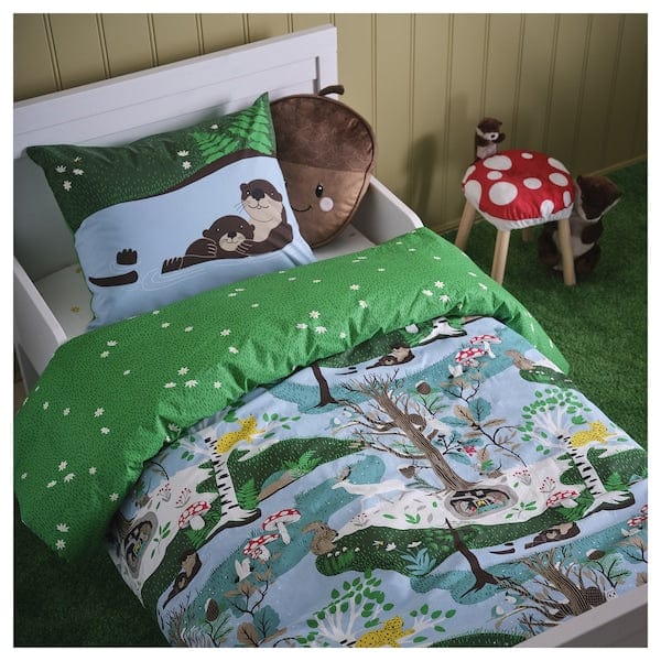 Ikea SKOGSDUVA - Duvet cover and pillowcase, blue green/forest pattern, 150x200/50x80 cm