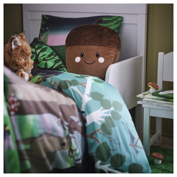 SKOGSDUVA cushion with pocket, acorn shaped/brown, 32x37 cm