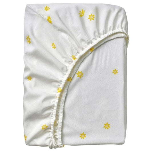 Ikea SKOGSDUVA - Fitted sheet, white yellow/flower pattern, 90x200 cm