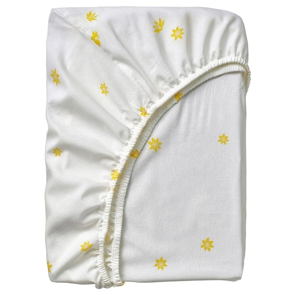 SKOGSDUVA - Fitted sheet, white yellow/flower pattern, 90x200 cm