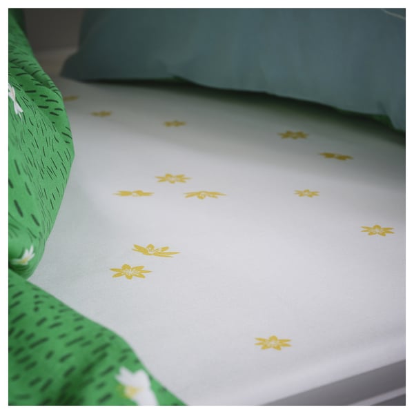 SKOGSDUVA fitted sheet, white yellow/flower pattern, 90x200 cm