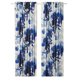 SKOGSNÄSSLA curtains, 1 pair, white/blue floral pattern/with heading tape, 145x300 cm