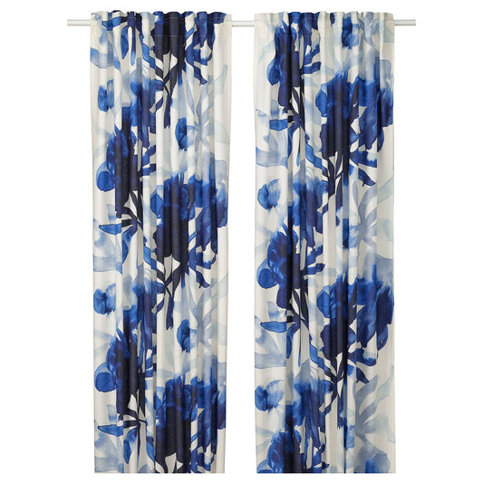 SKOGSNÄSSLA curtains, 1 pair, white/blue floral pattern/with heading tape, 300x145 cm