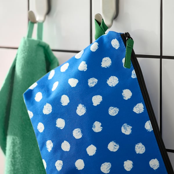 SKOGSSALLAT toiletry bag, blue/white/dotted, 30x21x10 cm