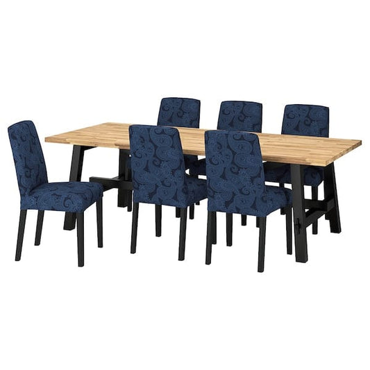 Ikea SKOGSTA / BERGMUND - Table and 6 chairs, acacia/Kvillsfors dark blue/black blue,235x100 cm