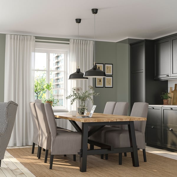 SKOGSTA / BERGMUND table and 6 chairs, acacia/Nolhaga grey/beige, 235x100 cm
