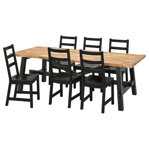 SKOGSTA / NORDVIKEN table and 6 chairs, acacia/black, 235x100 cm