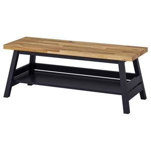 SKOGSTA bench with storage, acacia/black, 120 cm