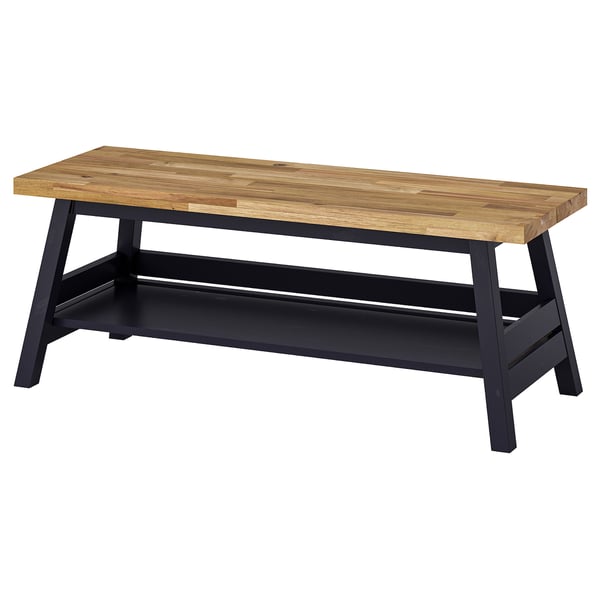 SKOGSTA bench with storage, acacia/black, 120 cm