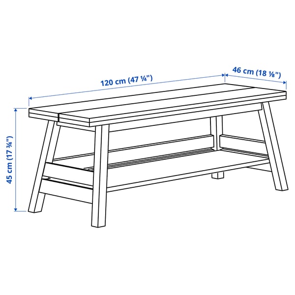 SKOGSTA bench with storage, acacia/black, 120 cm