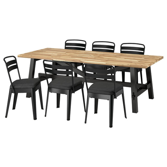 SKOGSTA / RAMSNÄS table and 6 chairs, acacia black/anthracite Vissle dark grey, 235x100 cm