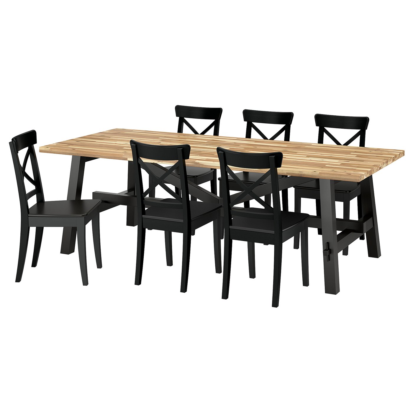 SKOGSTA / ROSENTORP table and 6 chairs, acacia black/black, 235x100 cm