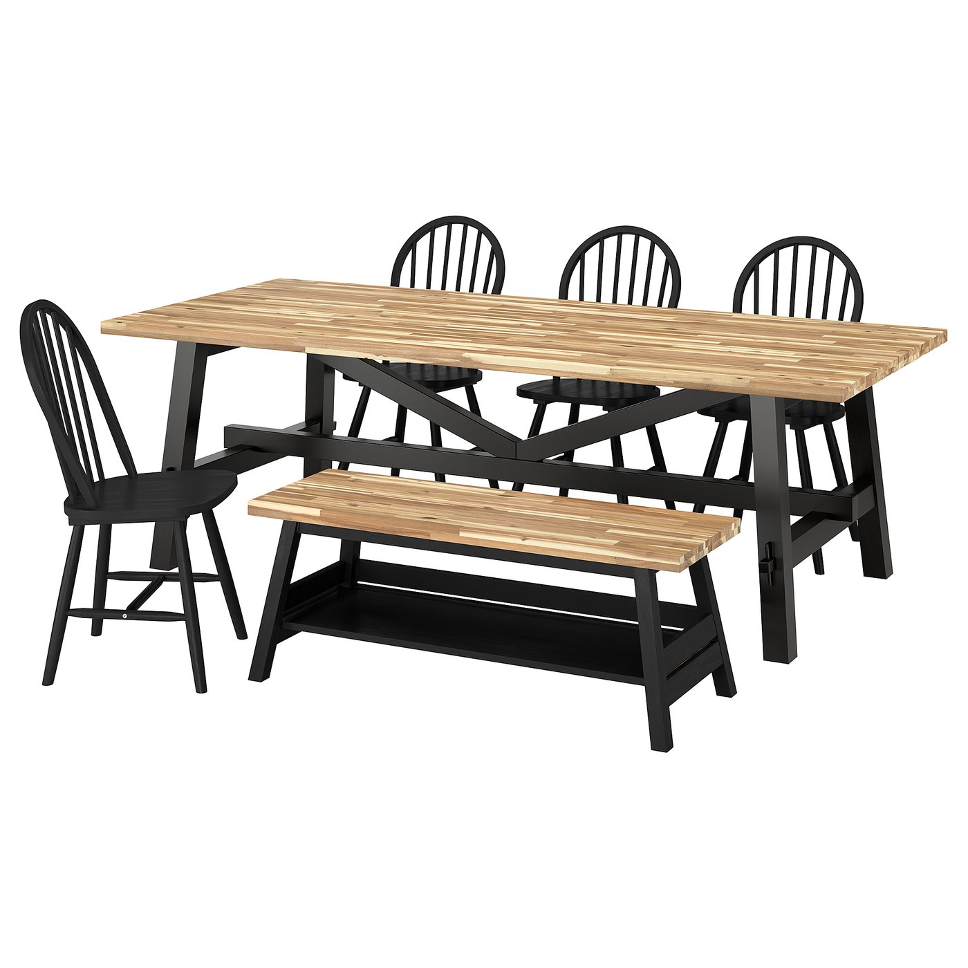 SKOGSTA / SKOGSTA table+4 chairs+bench, acacia/black/black acacia/black, 120x46 cm