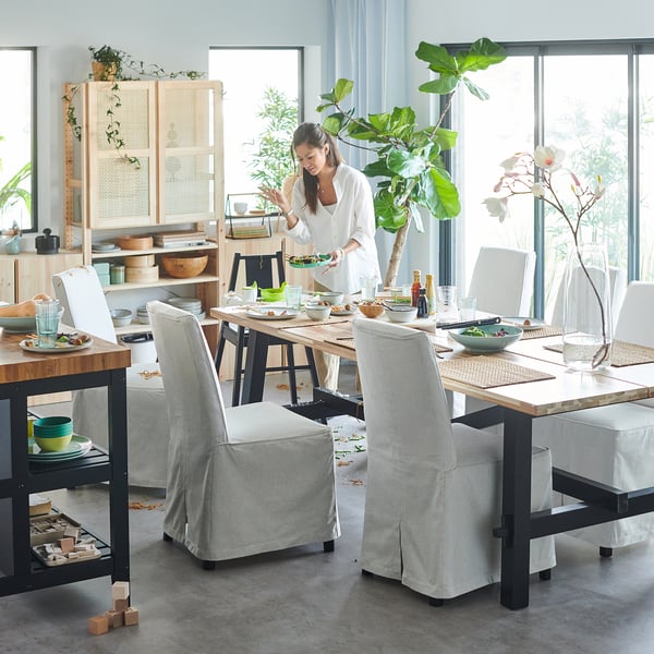 SKOGSTA dining table, acacia/black, 235x100 cm