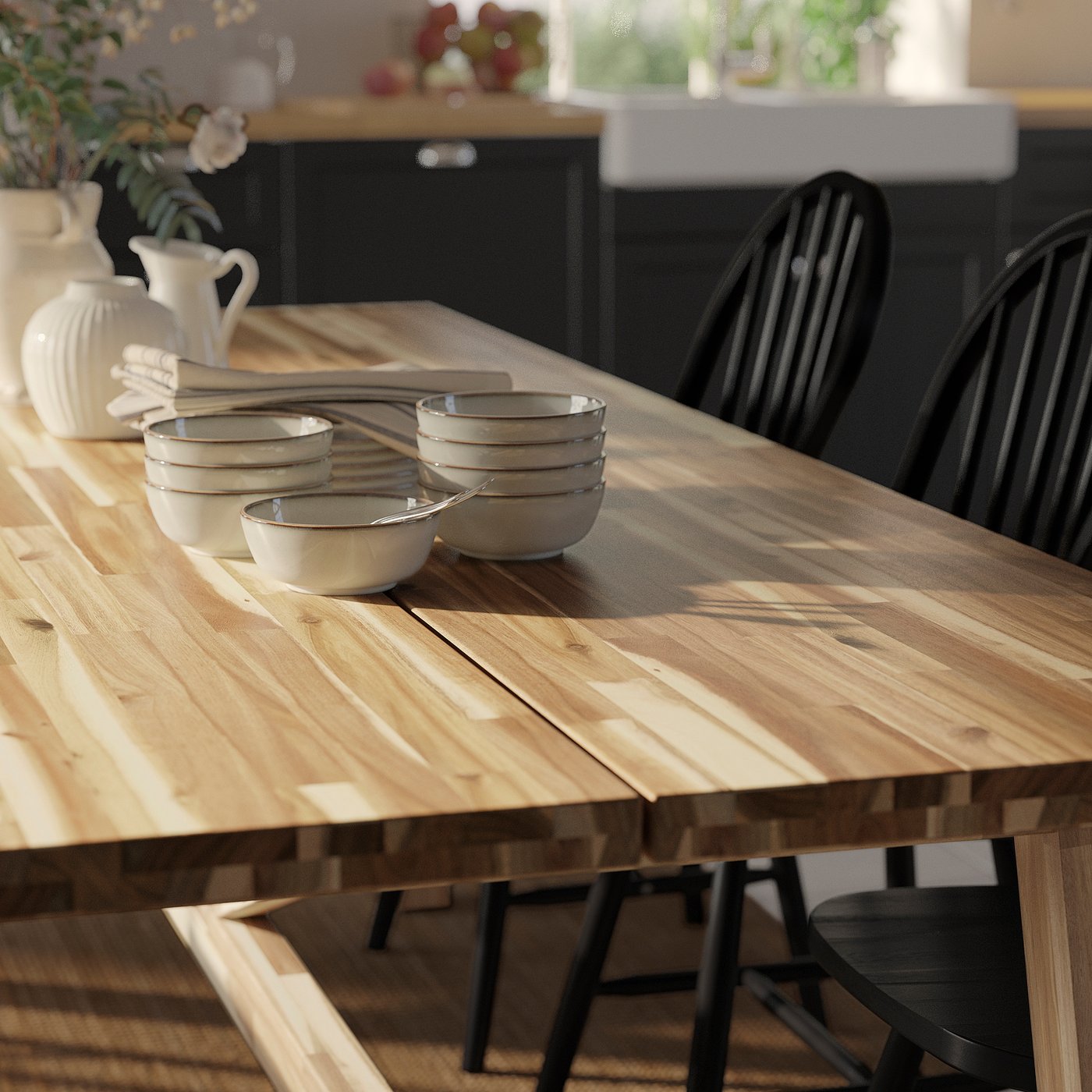 SKOGSTA table and 4 chairs, acacia/black/acacia, 160x81 cm