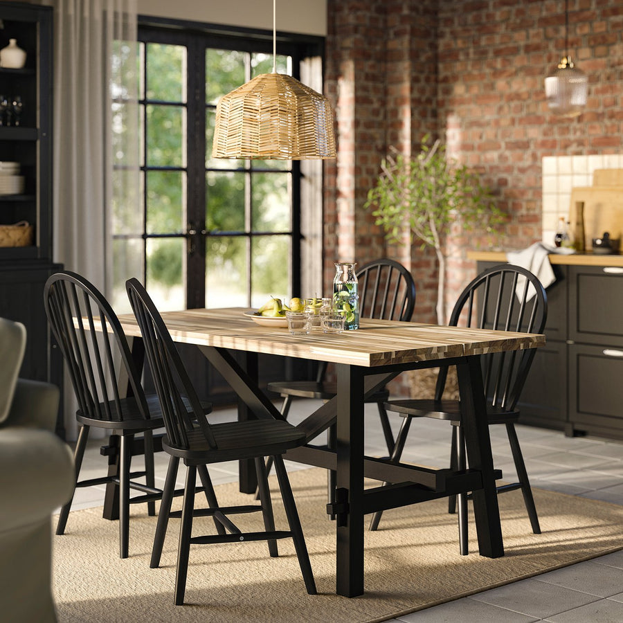 SKOGSTA table and 4 chairs, acacia/black/black, 160x81 cm