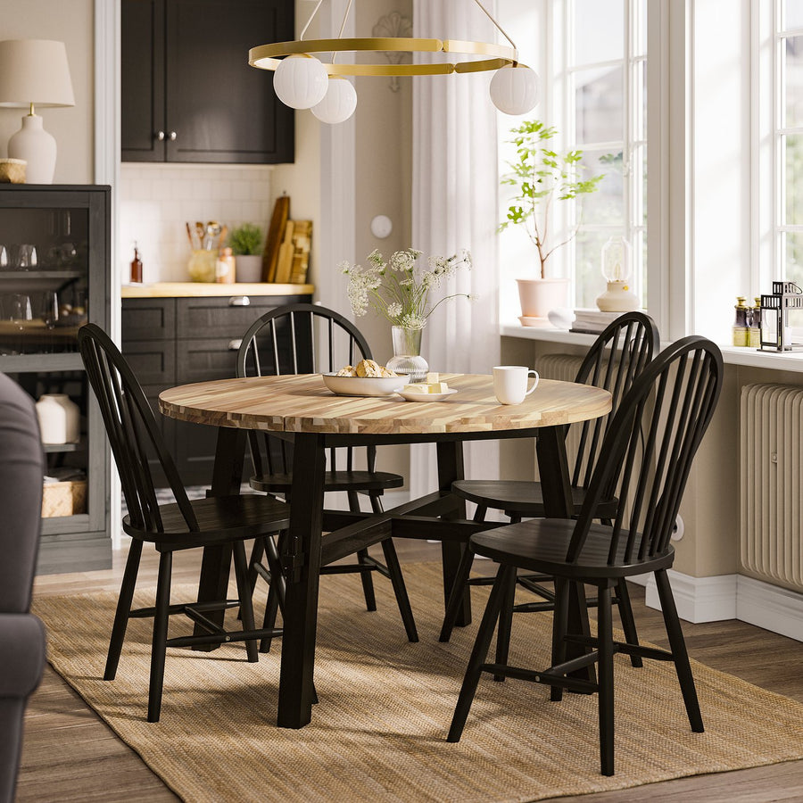 SKOGSTA table and 4 chairs, acacia/black/black, 120 cm