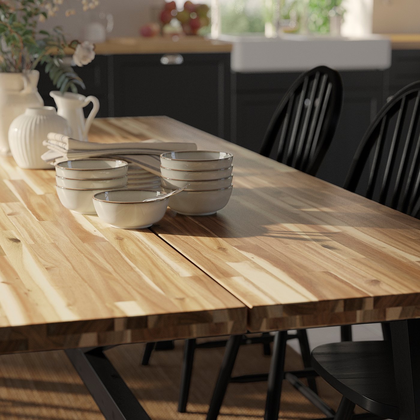 SKOGSTA table and 4 chairs, acacia/black/black, 160x81 cm