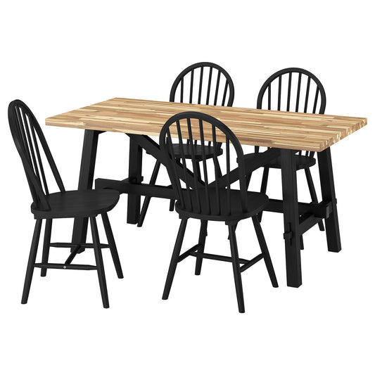 SKOGSTA table and 4 chairs, acacia/black/black, 160x46 cm