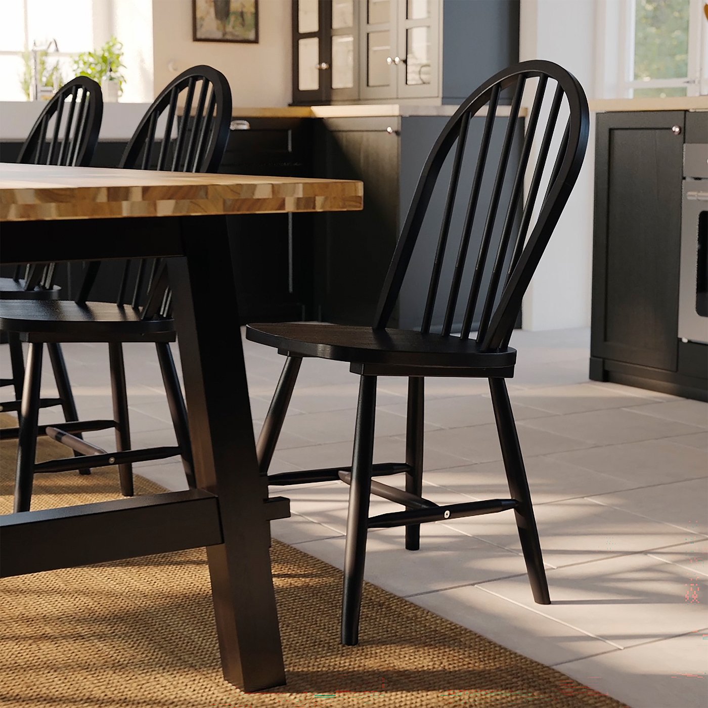 SKOGSTA table and 4 chairs, acacia/black/black, 160x81 cm