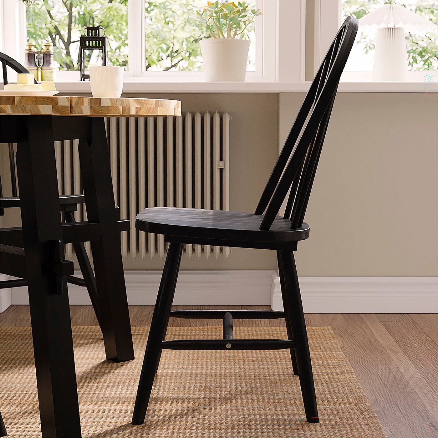 SKOGSTA table and 4 chairs, acacia/black/black, 120 cm