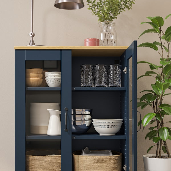 SKRUVBY - Cabinet with glass doors, black-blue, 70x90 cm