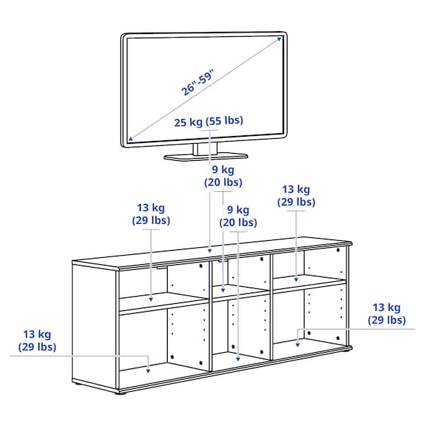 SKRUVBY TV bench, black-blue, 156x38x60 cm