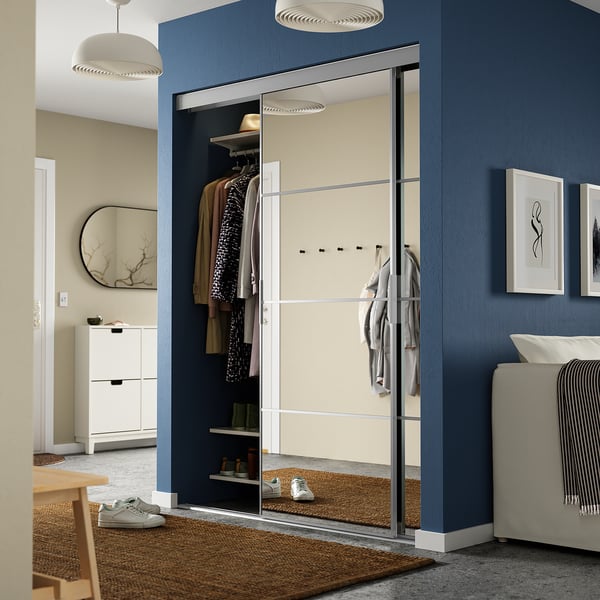 SKYTTA / AULI sliding door combination, aluminium/mirror glass, 152x205 cm