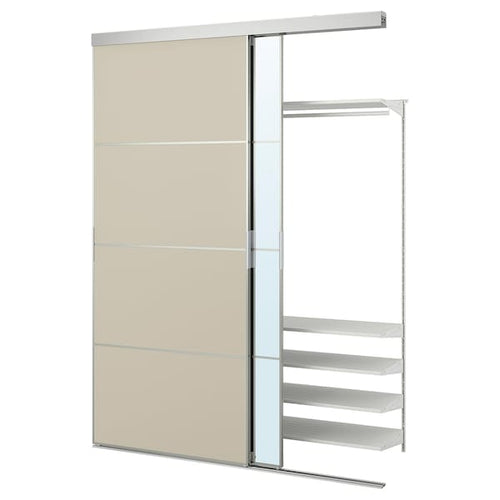SKYTTA / BOAXEL reach-in wardrobe with sliding door, aluminium Mehamn/Auli/grey-beige mirror glass, 177x65x240 cm