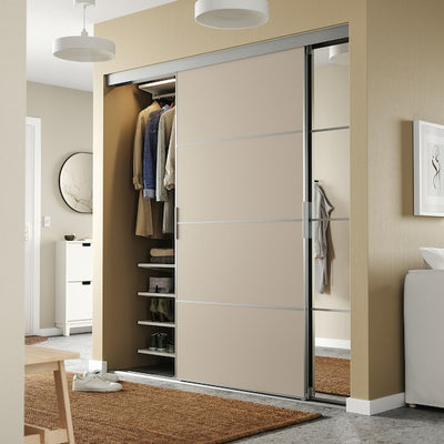 SKYTTA / BOAXEL - Walk-in wardrobe with sliding door, aluminium Mehamn/Auli/grey-beige mirror glass,177x65x205 cm