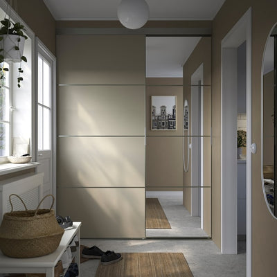 SKYTTA / BOAXEL - Walk-in wardrobe with sliding door, aluminium Mehamn/Auli/grey-beige mirror glass,177x65x240 cm