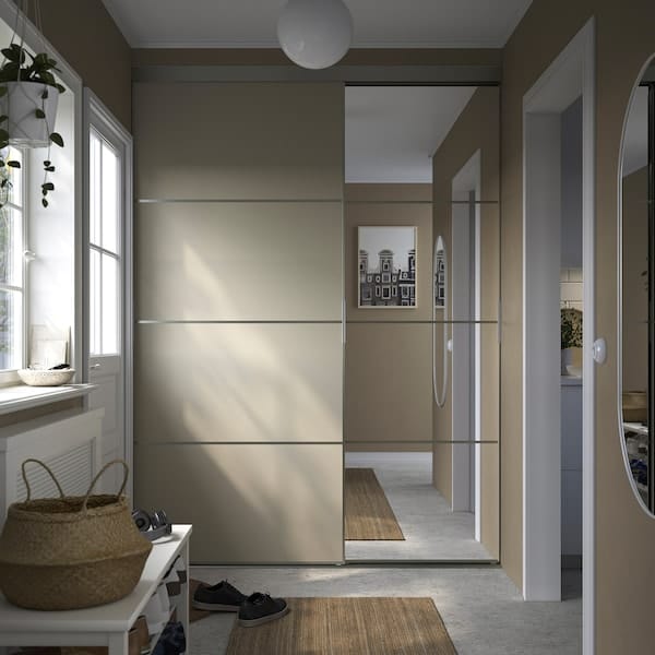 Ikea SKYTTA / BOAXEL - Reach-in wardrobe with sliding door, aluminium Mehamn/Auli/grey-beige mirror glass, 177x65x240 cm