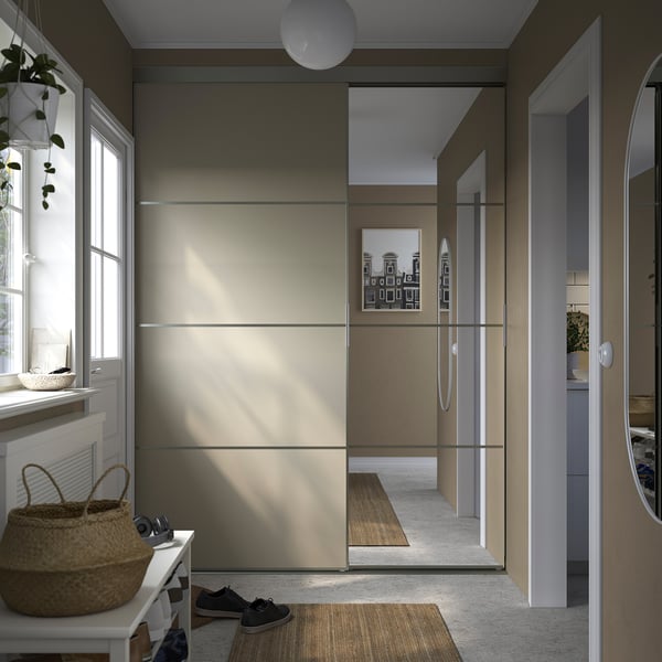 SKYTTA / BOAXEL reach-in wardrobe with sliding door, aluminium Mehamn/Auli/grey-beige mirror glass, 177x65x240 cm