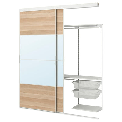 SKYTTA / BOAXEL - Walk-in wardrobe with sliding door, white Mehamn/Auli/ oak effect with white mirror glass stain,202x65x240 cm