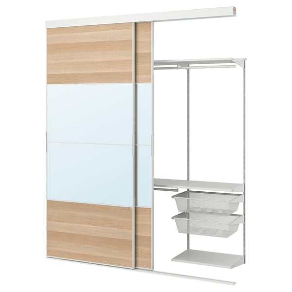 SKYTTA / BOAXEL reach-in wardrobe with sliding door, white Mehamn/Auli/white stained oak effect mirror glass, 202x65x240 cm