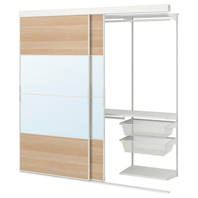 SKYTTA / BOAXEL - Walk-in wardrobe with sliding door, white Mehamn/Auli/ oak effect with white mirror glass stain,202x65x205 cm