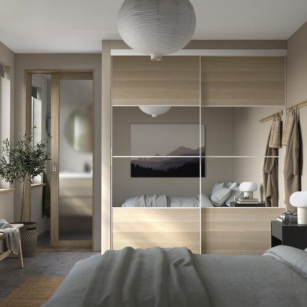 Ikea SKYTTA / BOAXEL - Reach-in wardrobe with sliding door, white Mehamn/Auli/white stained oak effect mirror glass, 202x65x240 cm