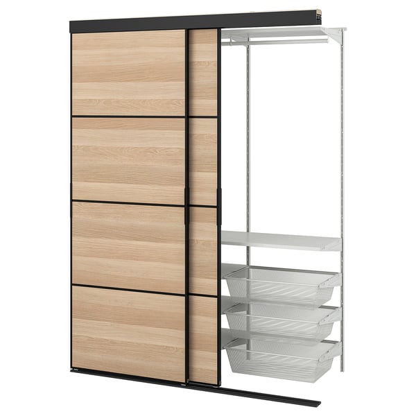SKYTTA / BOAXEL - SKYTTA / BOAXEL Reach-in wardrobe with sliding door, black double sided/Mehamn white stained oak effect, 152x65x205 cm
