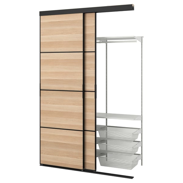SKYTTA / BOAXEL - SKYTTA / BOAXEL Reach-in wardrobe with sliding door, black double sided/Mehamn white stained oak effect, 152x65x240 cm
