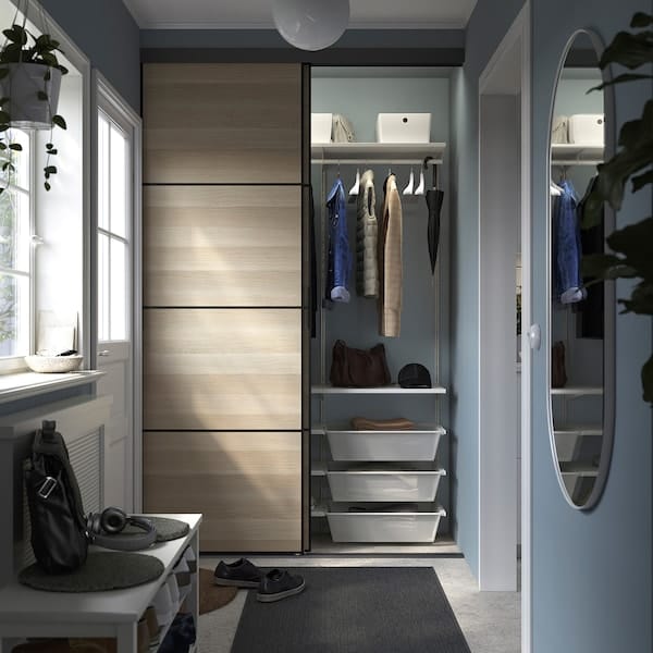 Ikea SKYTTA / BOAXEL - Reach-in wardrobe with sliding door, black double sided/Mehamn white stained oak effect, 152x65x240 cm