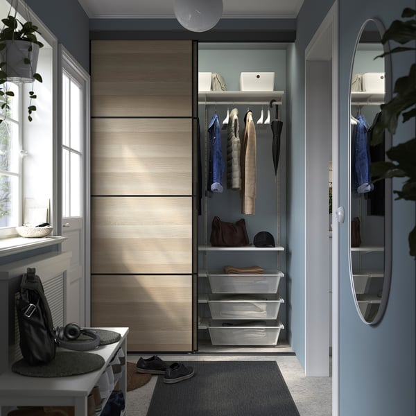 SKYTTA / BOAXEL reach-in wardrobe with sliding door, black double sided/Mehamn white stained oak effect, 152x65x240 cm