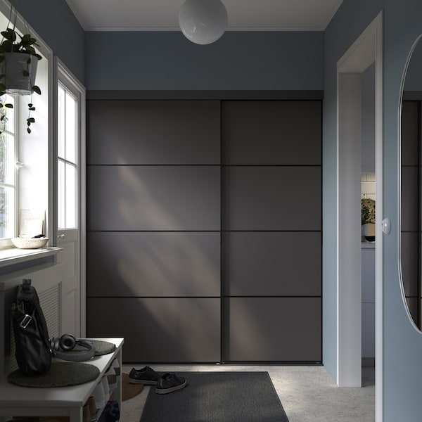 SKYTTA / BOAXEL - Reach-in wardrobe with sliding door, black double sided/Mehamn dark grey, 177x65x205 cm