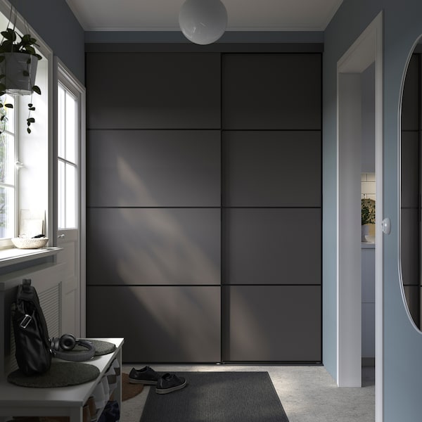 SKYTTA / BOAXEL - Reach-in wardrobe with sliding door, black double sided/Mehamn dark grey, 177x65x240 cm