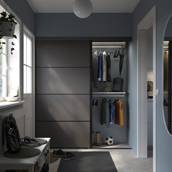 SKYTTA / BOAXEL - Reach-in wardrobe with sliding door, black double sided/Mehamn dark grey, 177x65x205 cm