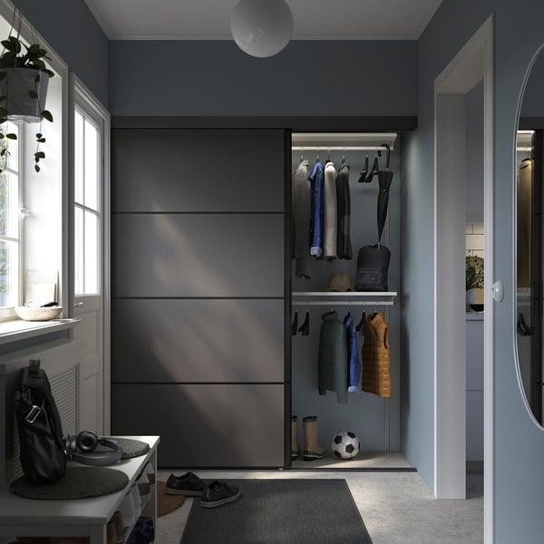 SKYTTA / BOAXEL reach-in wardrobe with sliding door, black double sided/Mehamn dark grey, 177x65x205 cm